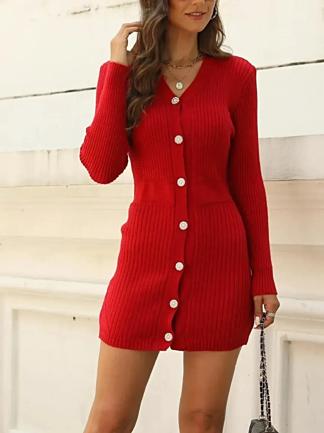 Ribbed Button-Front V-Neck Sweater Dress -