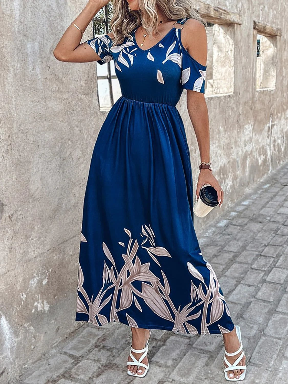 Elegant Summer Printed Maxi Dress with Cold Shoulders and Pockets – Opaque and Slightly Stretchy Trendsi