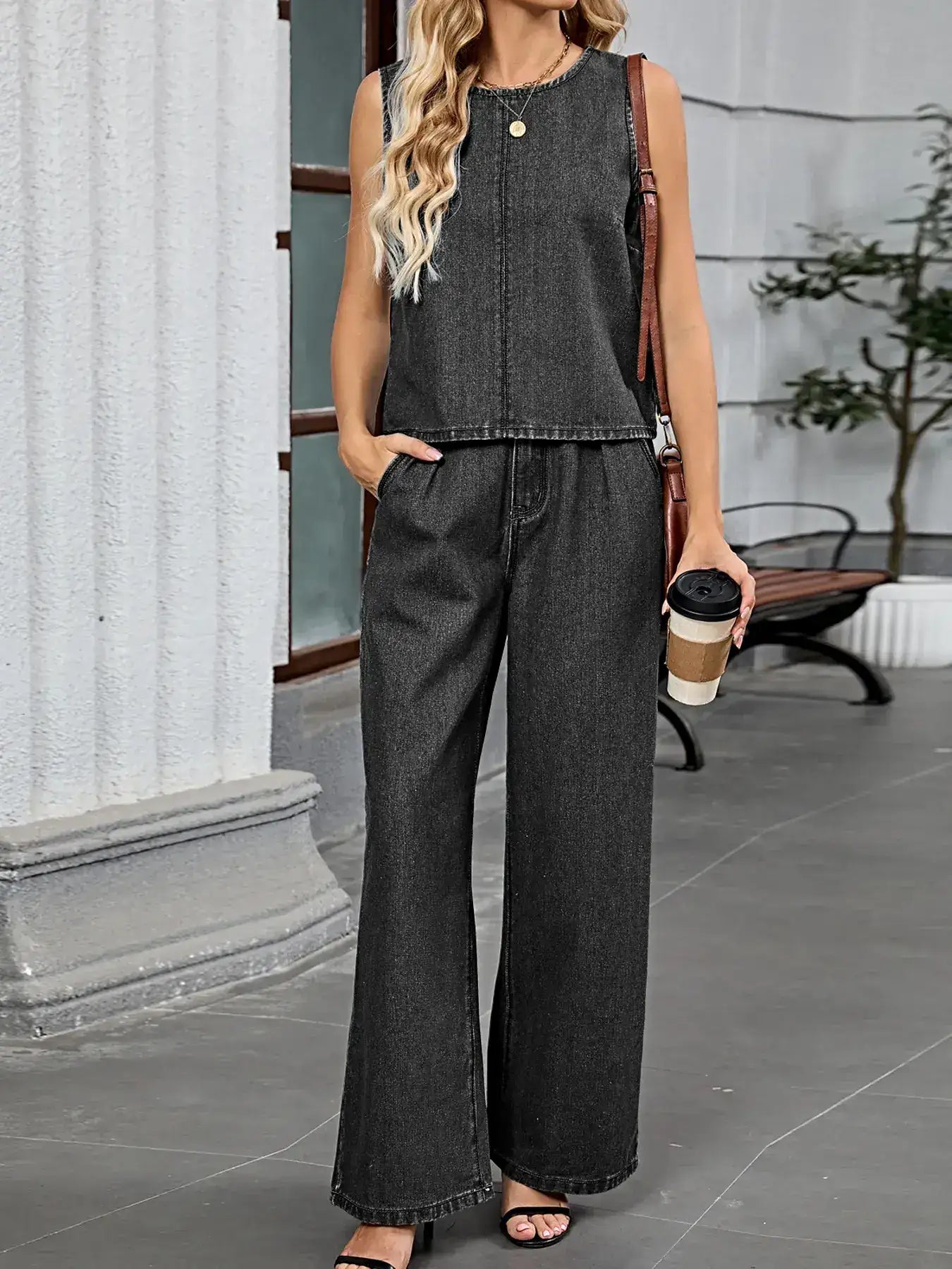 Round Neck Tank and Pants Denim Set -