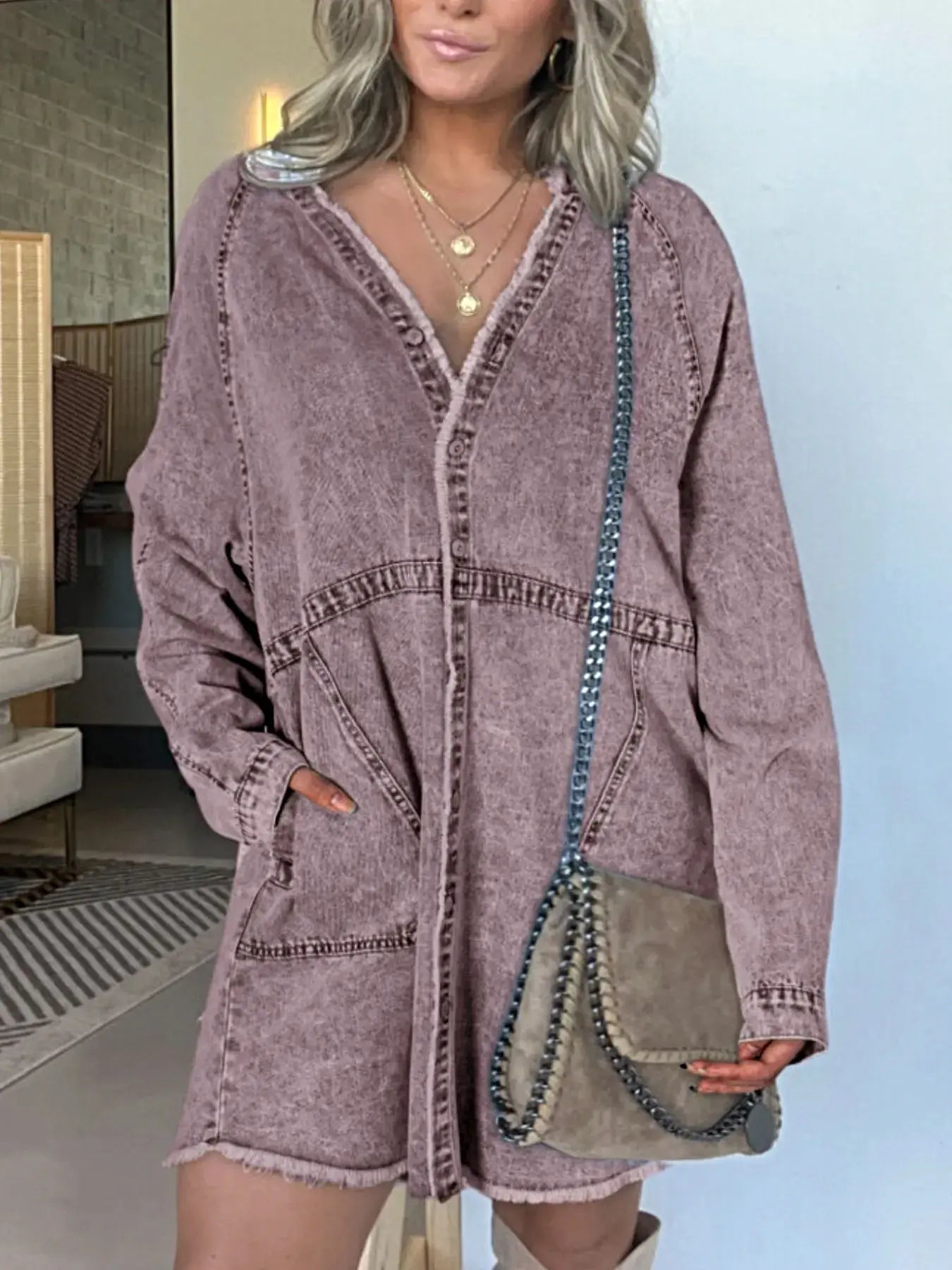 Full Size Button-Front Long Sleeve Denim Shirt Dress Plus Size -