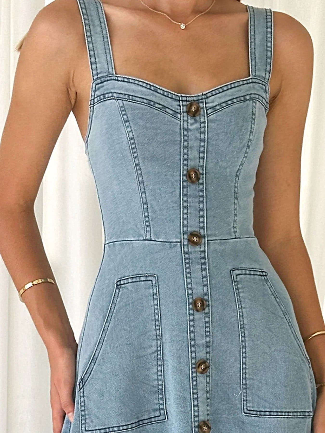 Decor Button Front A-Line Denim Dress -