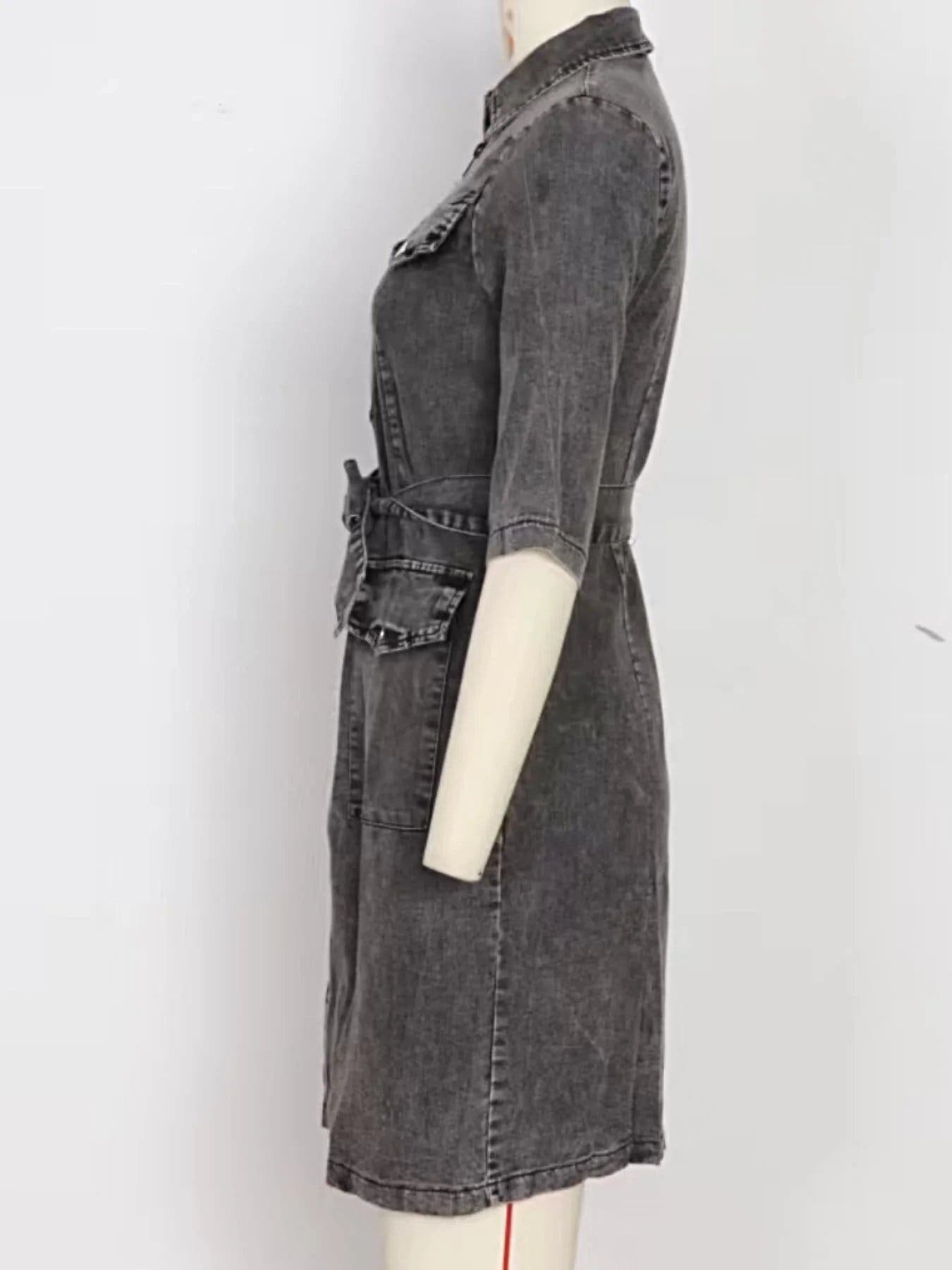 Zipper Front Short Sleeve Denim Dress -