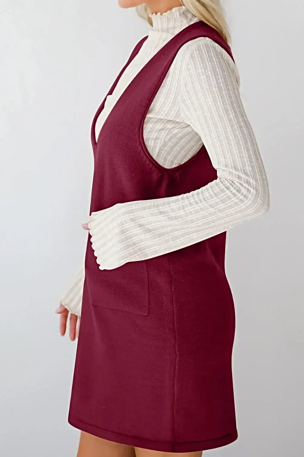 Lovelet Pocketed V-Neck Mini Sweater Overall Dress -