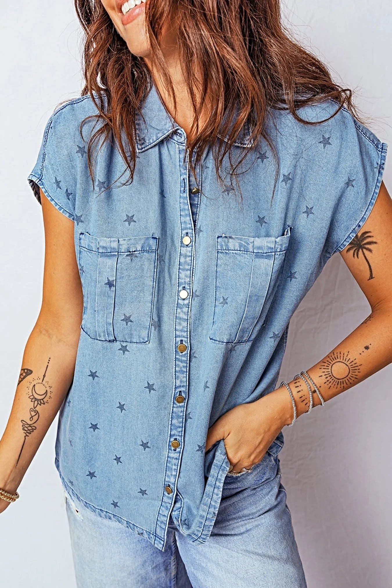 Double Chest Pocket Short Sleeve Denim Shirt -