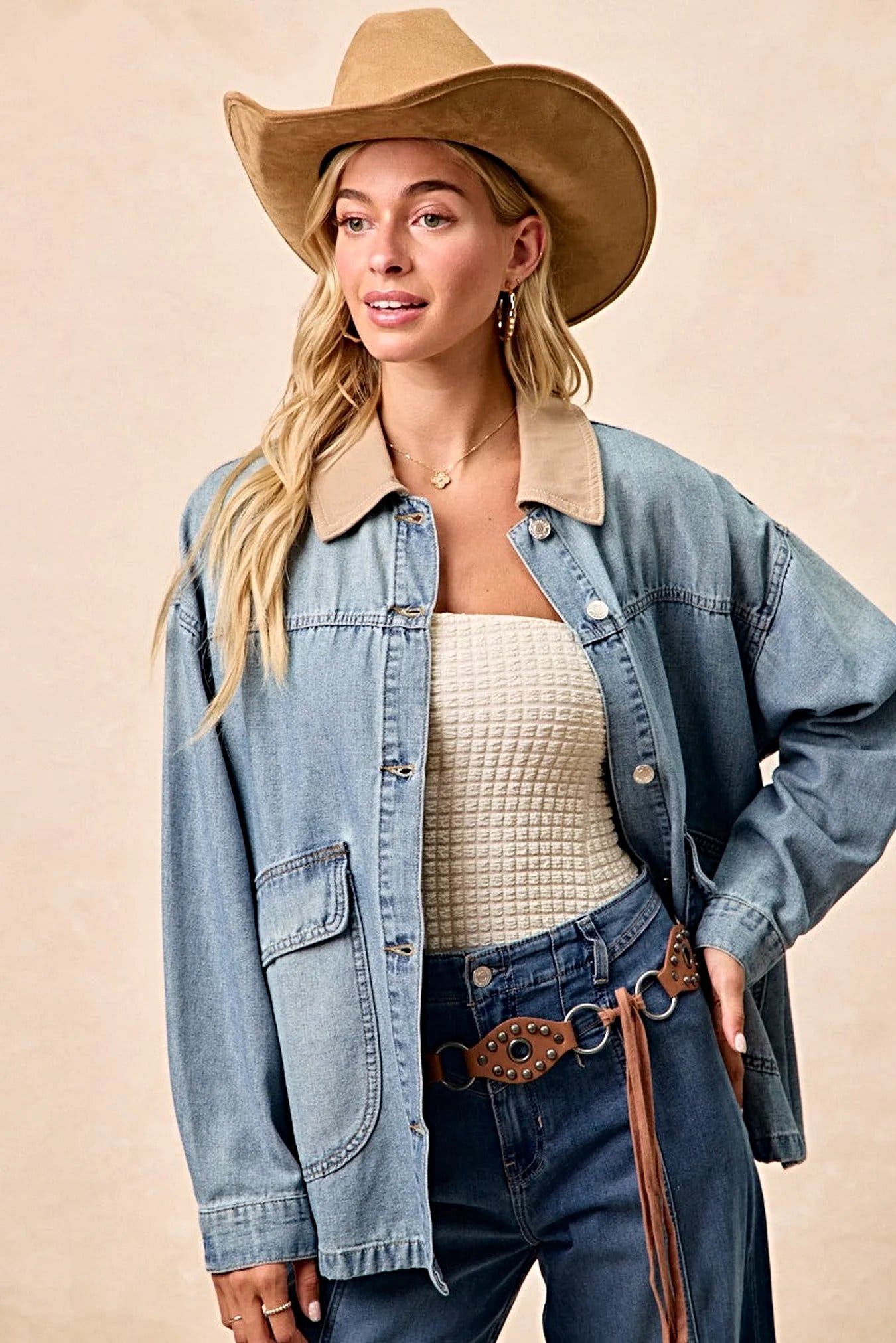 BiBi Washed Denim Jacket with Contrast Collar Detail -