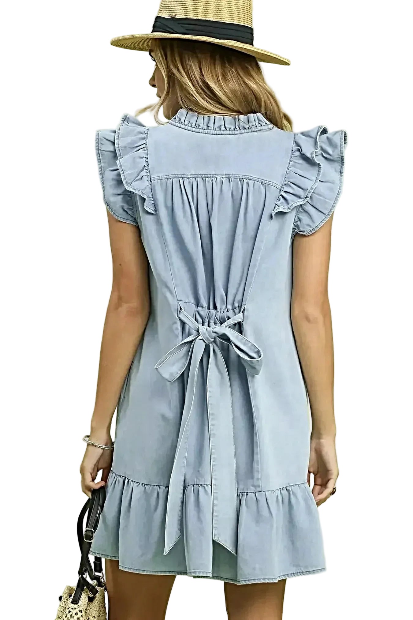 Umgee Chambray Ruffled Denim Dress with Side Pockets -