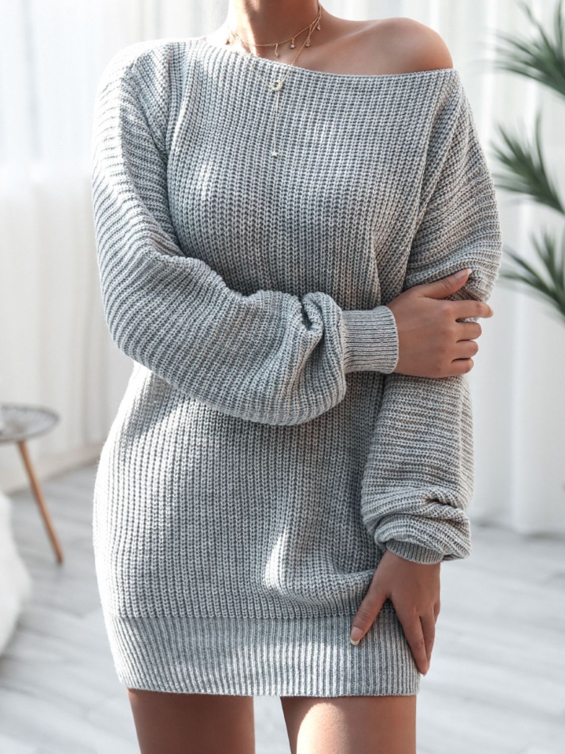 Balloon Sleeve Boat Neck Sweater Mini Dress Trendsi