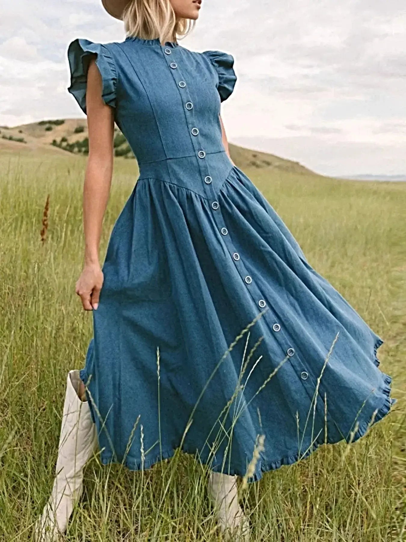 Ruffled Cap Sleeve Denim Dress -