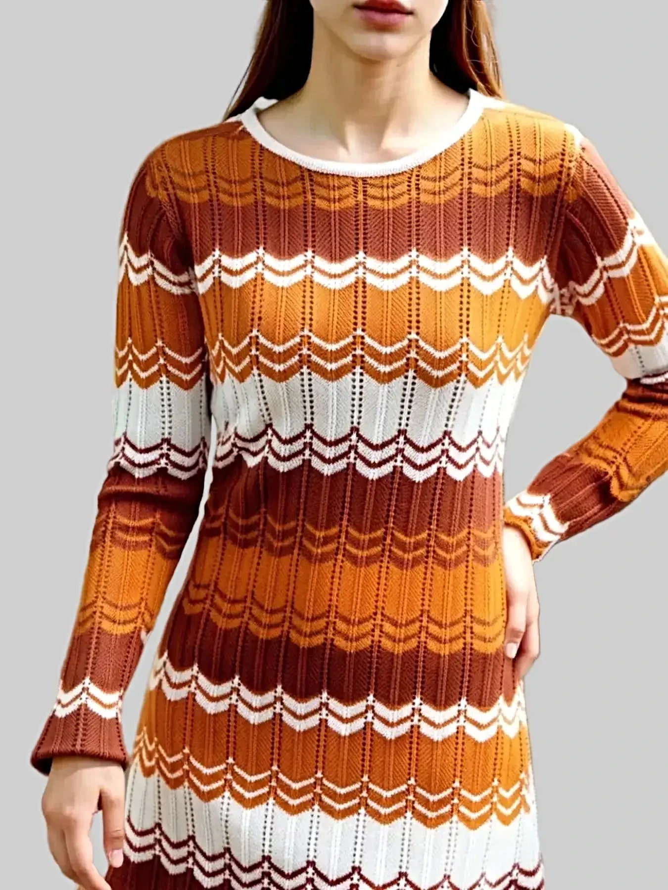 Openwork Wave Pattern Long Sleeve Sweater Dress -