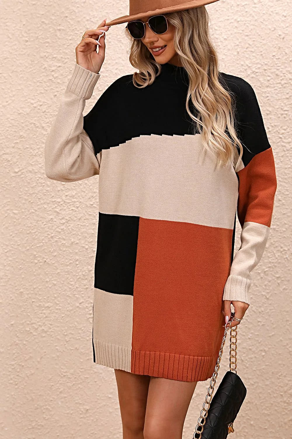 Stylish Color Block Sweater Dress with Mock Neck and Dropped Shoulders - Casual Mini Length Trendsi