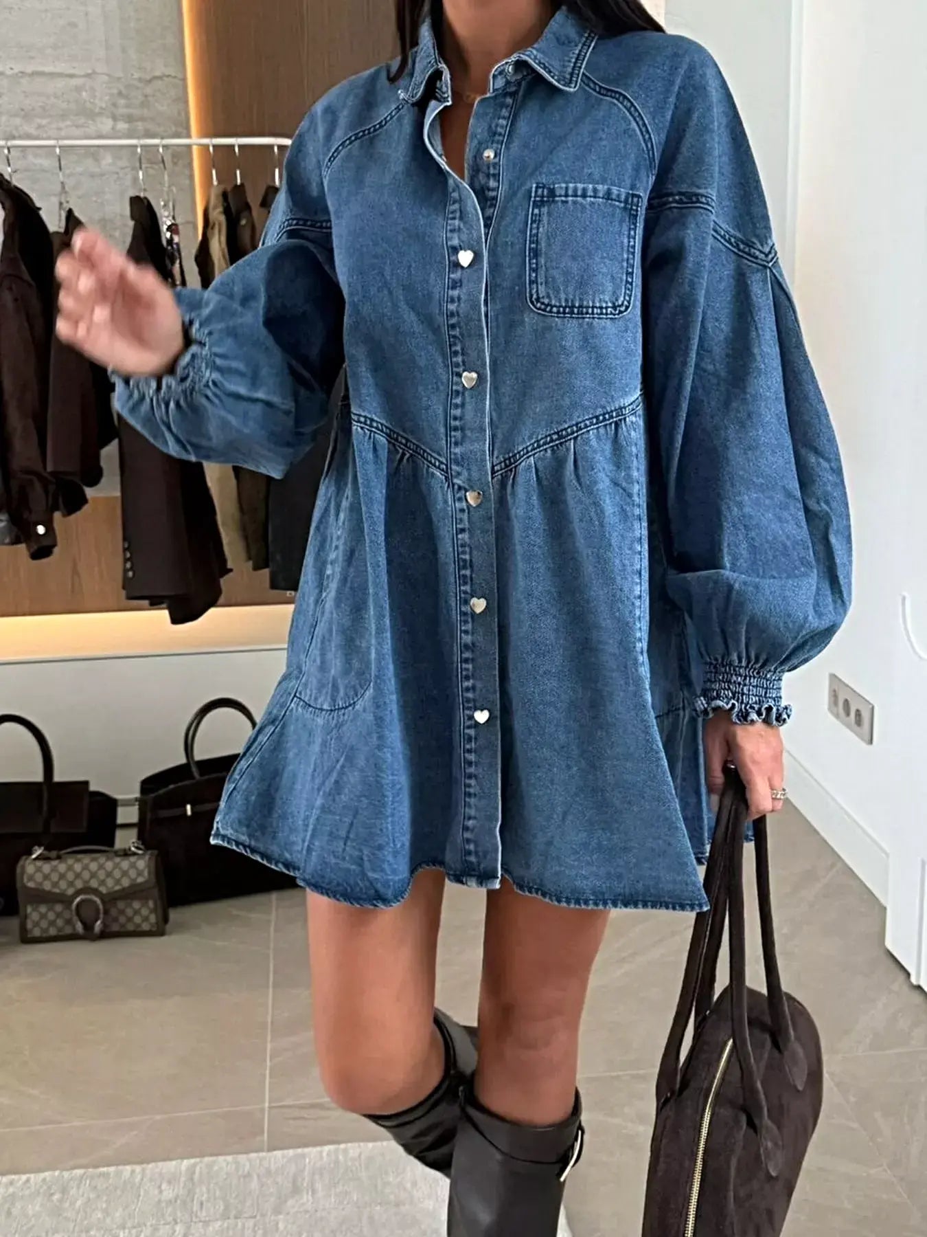 Button Down Mini Denim Dress with Front Pockets -