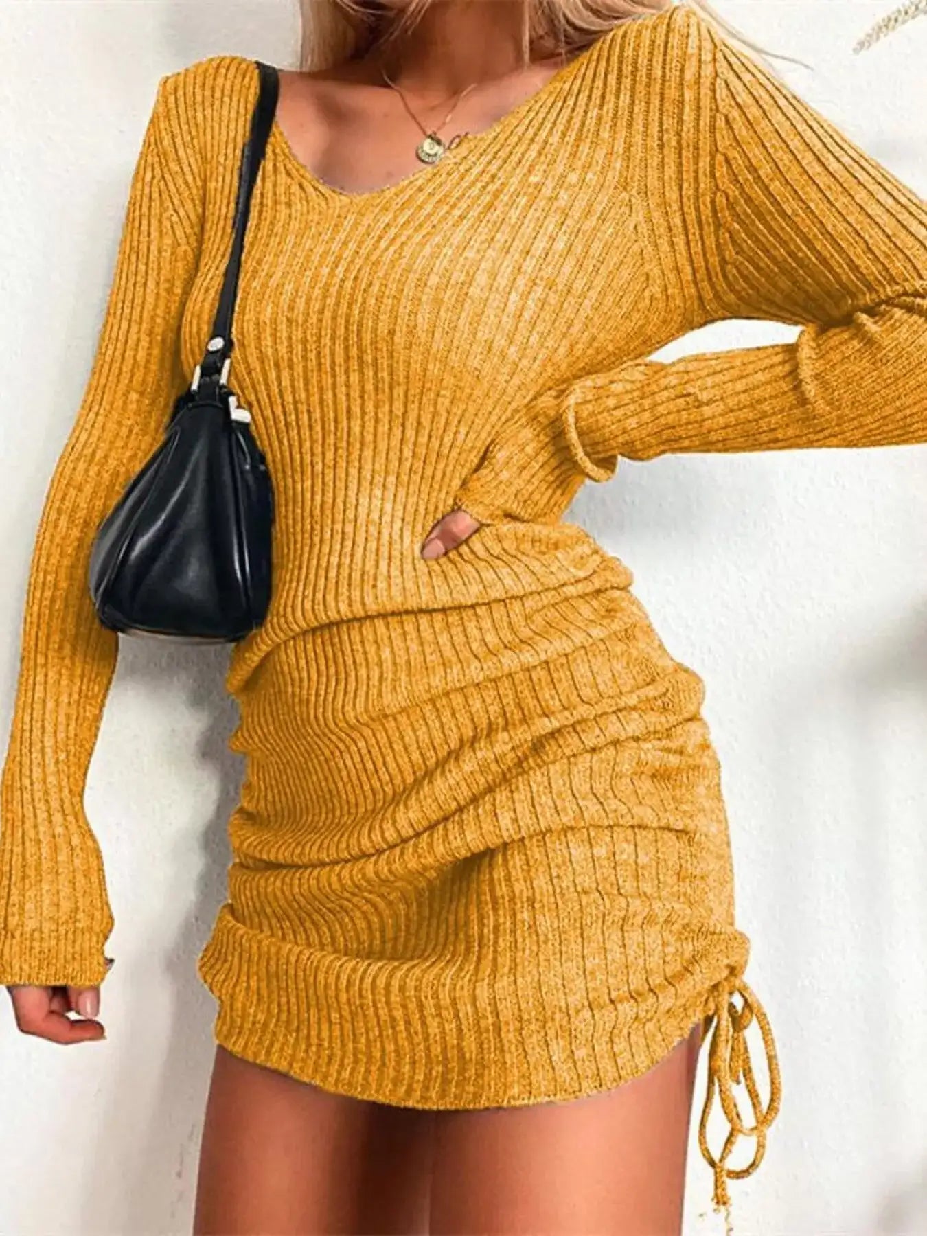 Full Size Ribbed Knit Drawstring Bodycon Sweater Dress Plus Size -