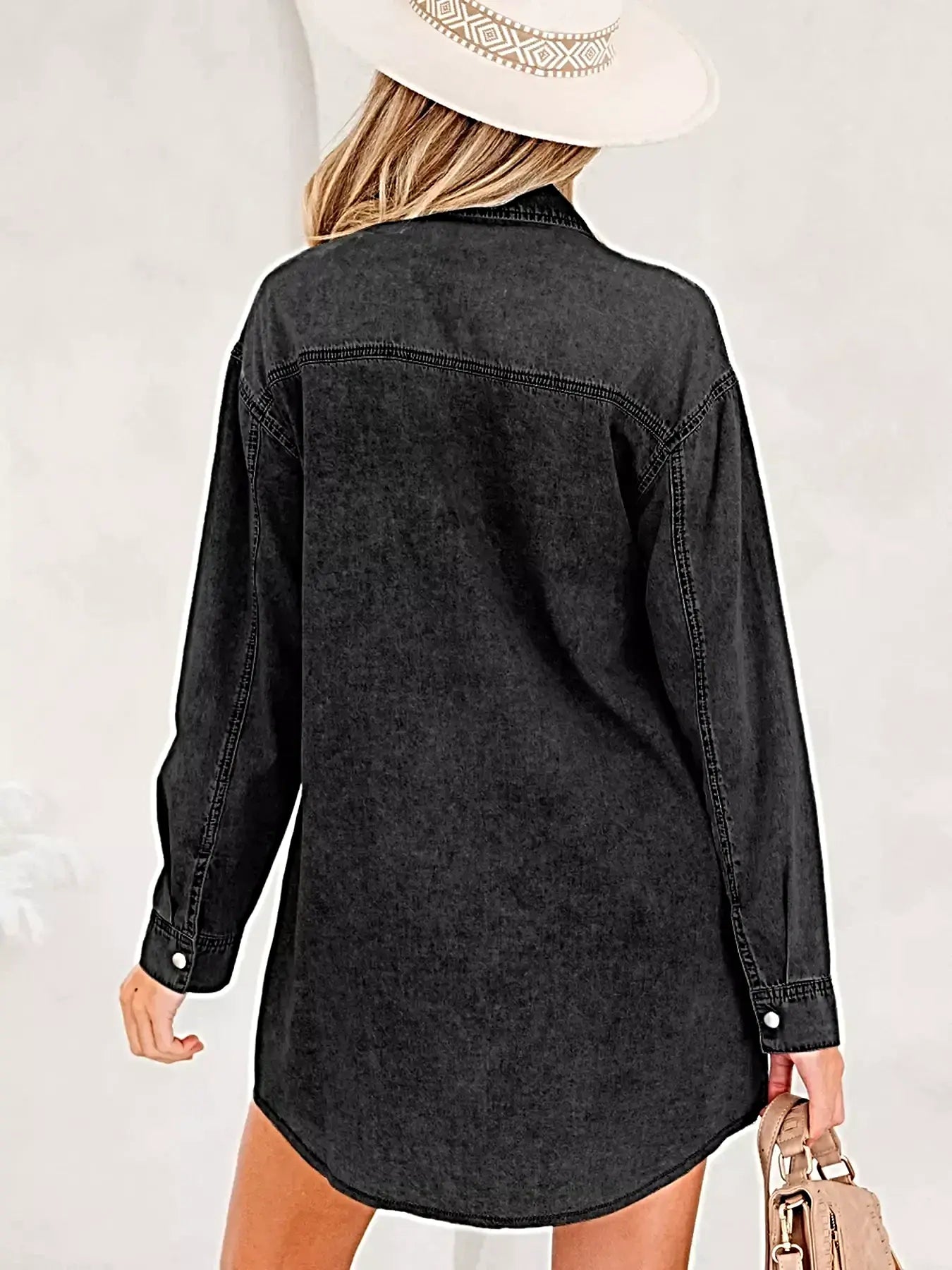 Chest Pocket Raw Hem Denim Loose Shirt Dress -