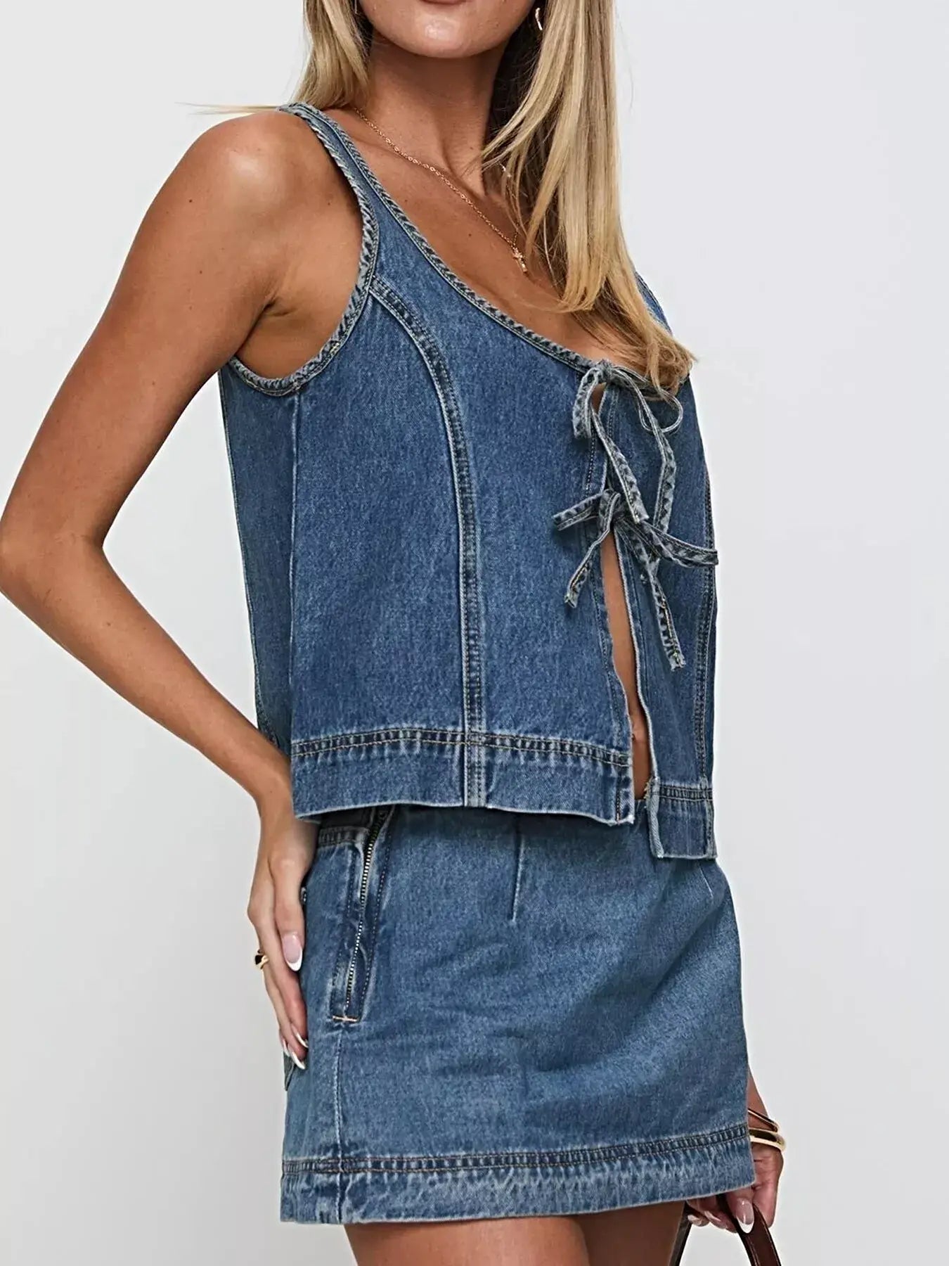 Tie-Front Tank and Skirt Denim Set -
