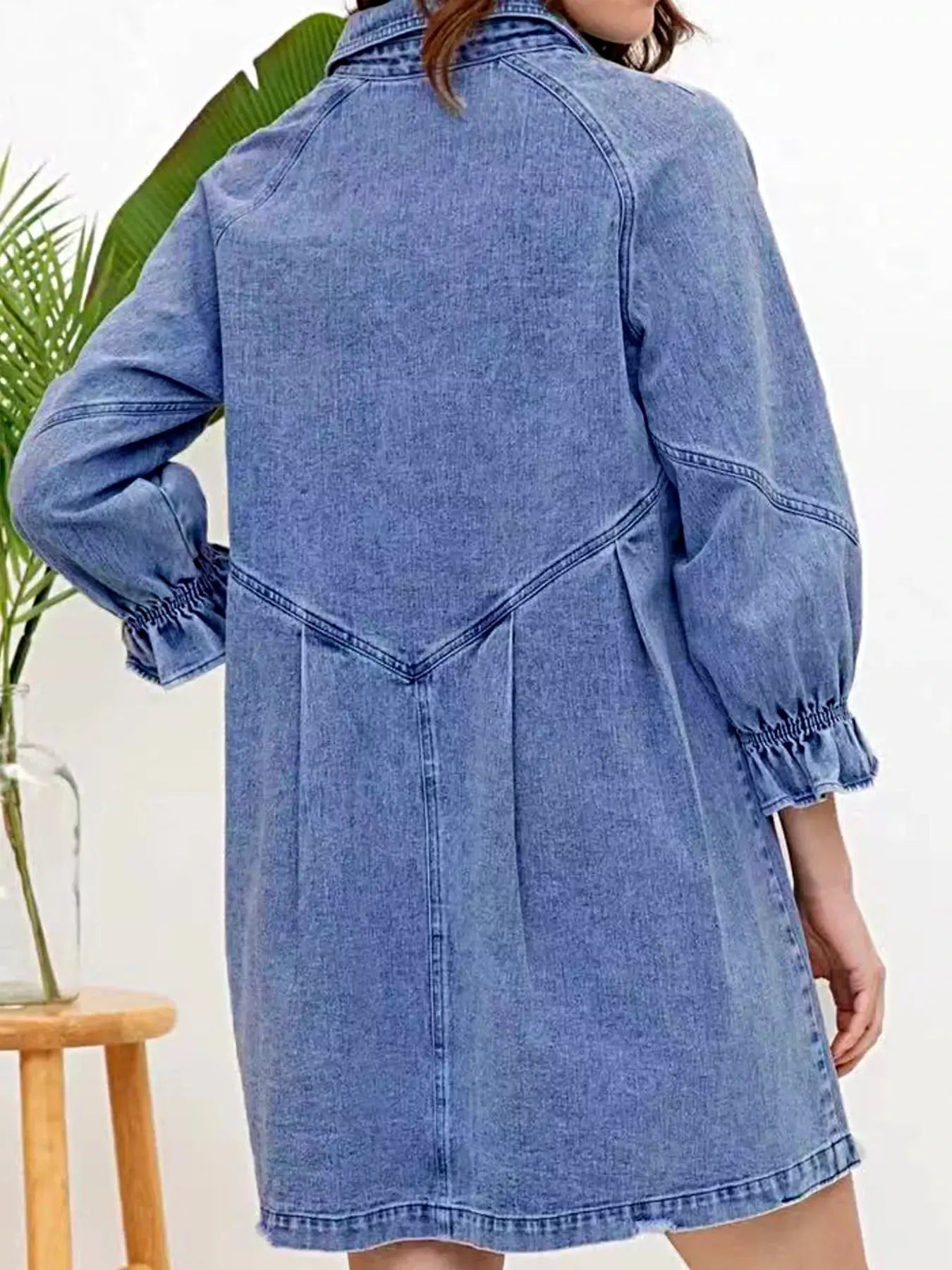 Ruffled Cuff Button-Down Denim Dress -