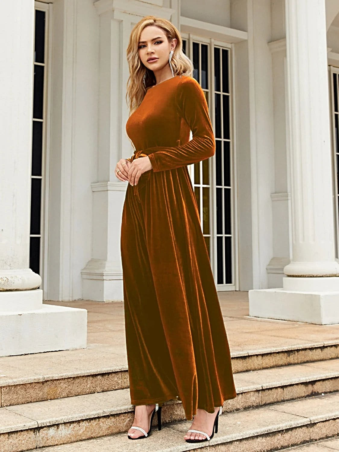 Elegant Tie Front Long Sleeve Maxi Dress in Opaque Polyester – Comfortable and Stylish Trendsi