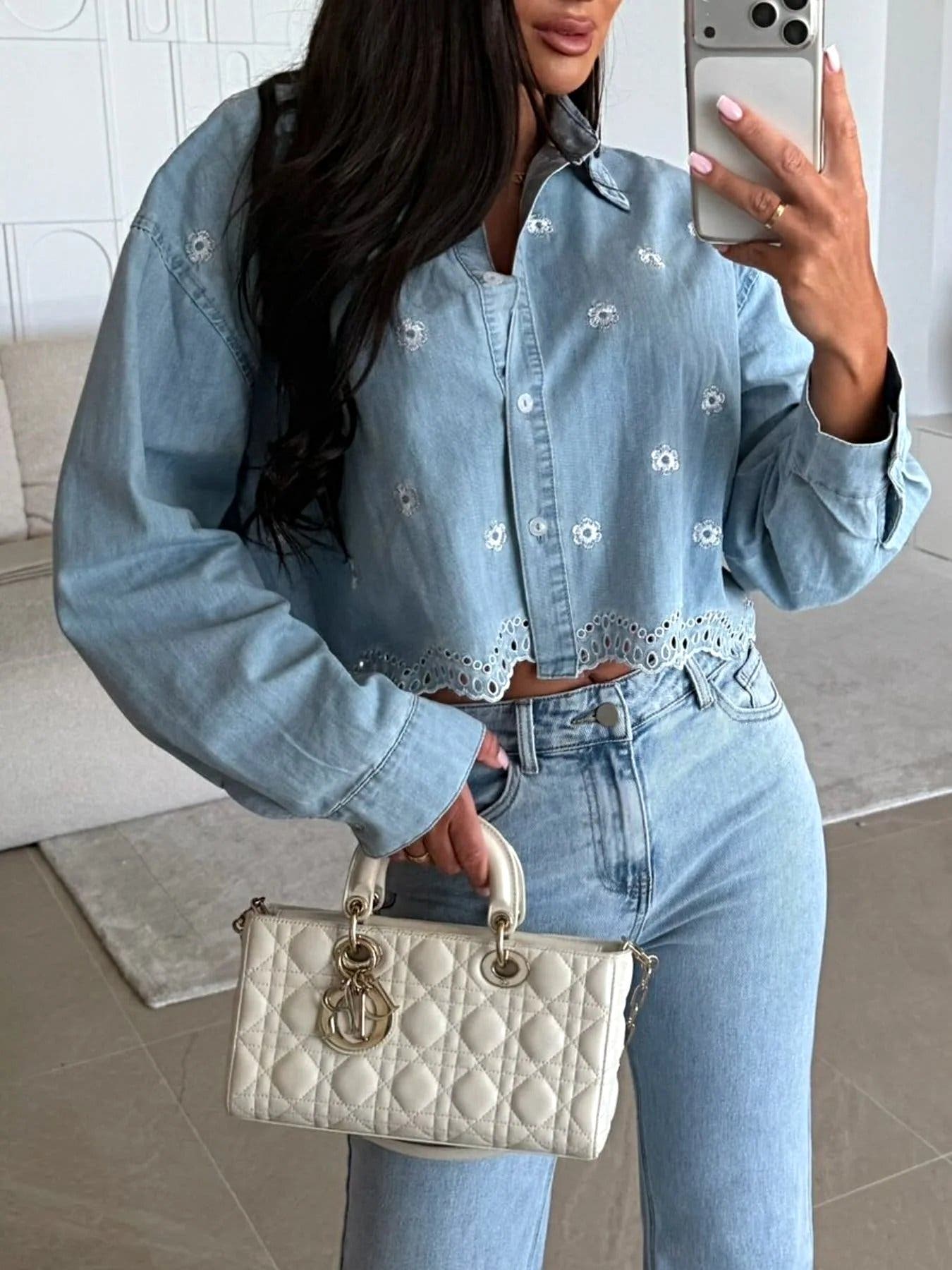 Embroidered Cropped Denim Shirt -