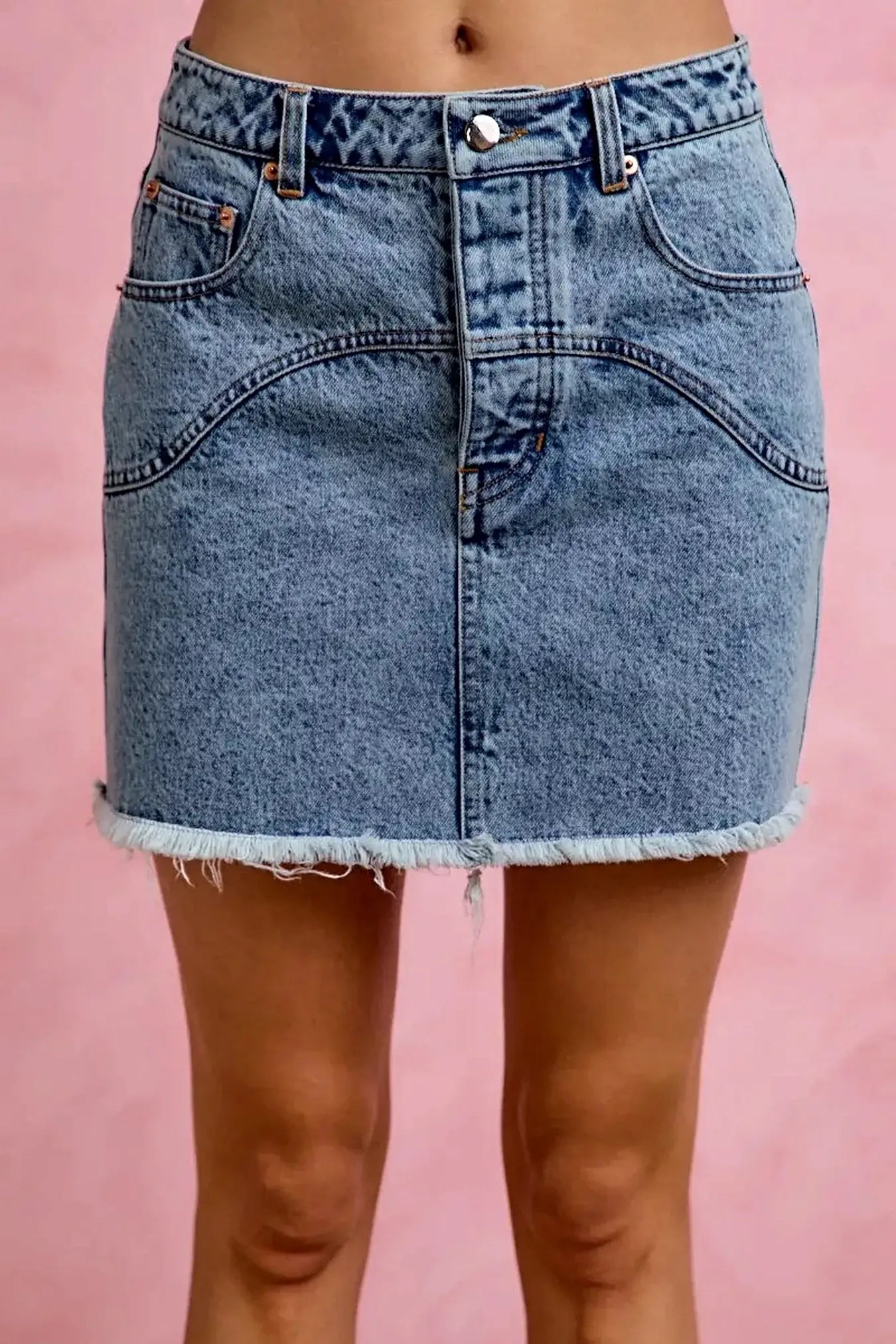 SO ME Washed Denim Floral Contrast Pockets Mini Skirt -