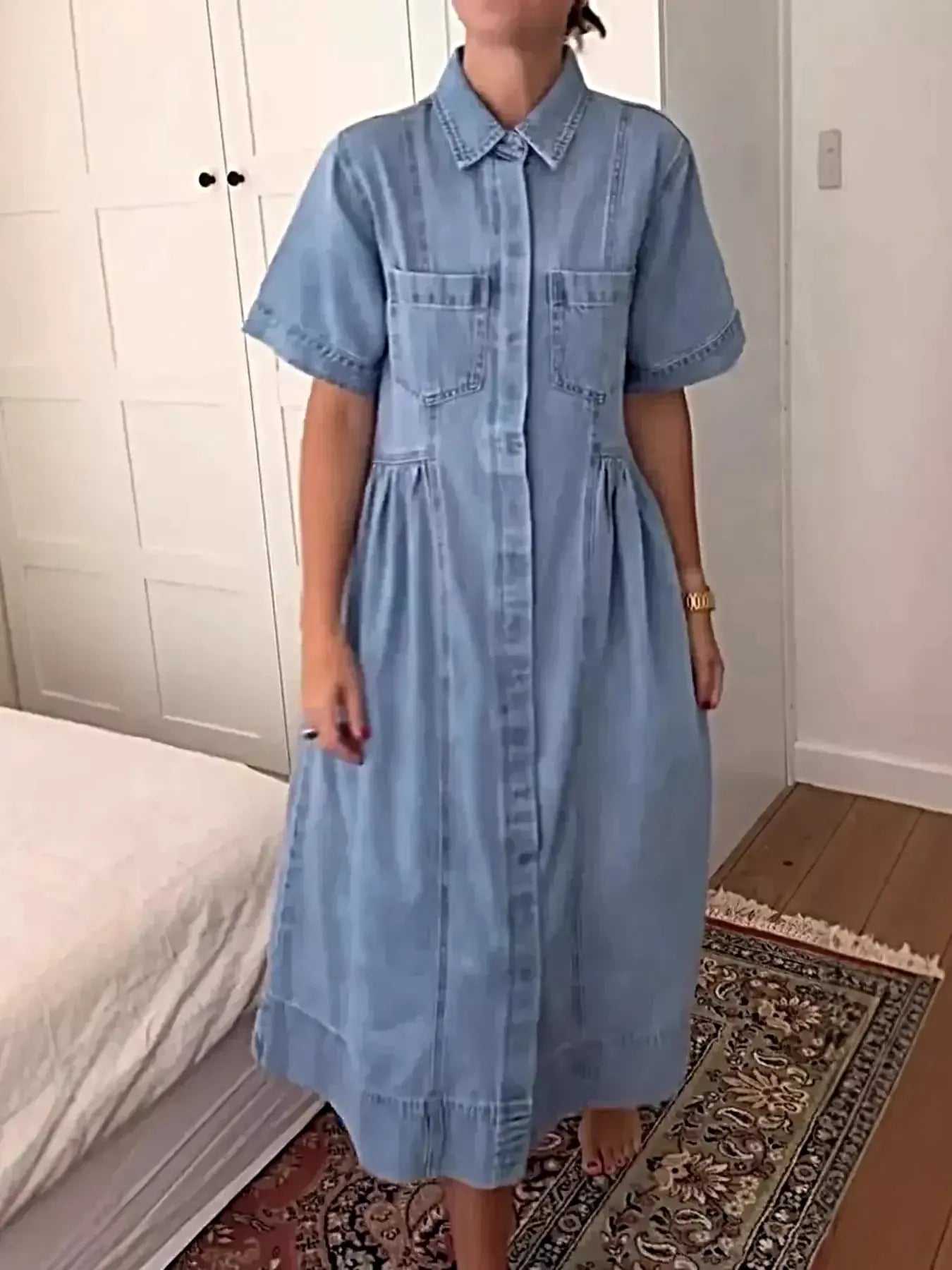 Full Size Button Front Denim Midi Dress Plus Size -