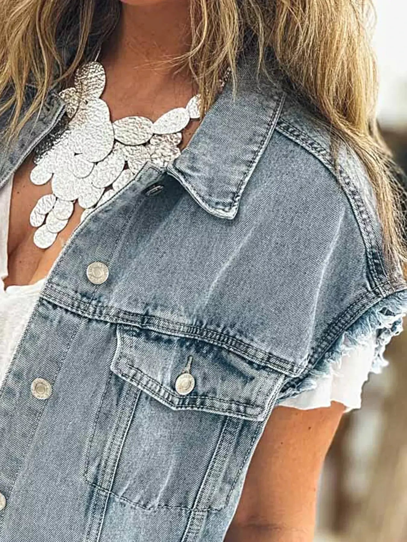 Button Flap Pocket Frayed Detail Denim Vest -