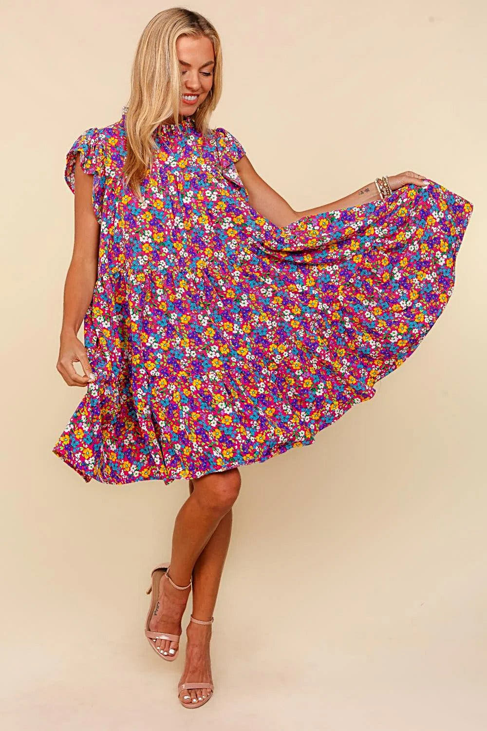 Haptics Frilled Mock Neck Ditsy Floral Dress -