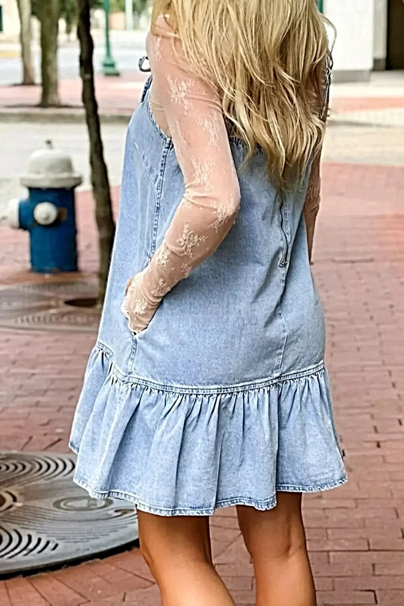 Bow Detail Spaghetti Straps Ruffle Hem Denim Dress -