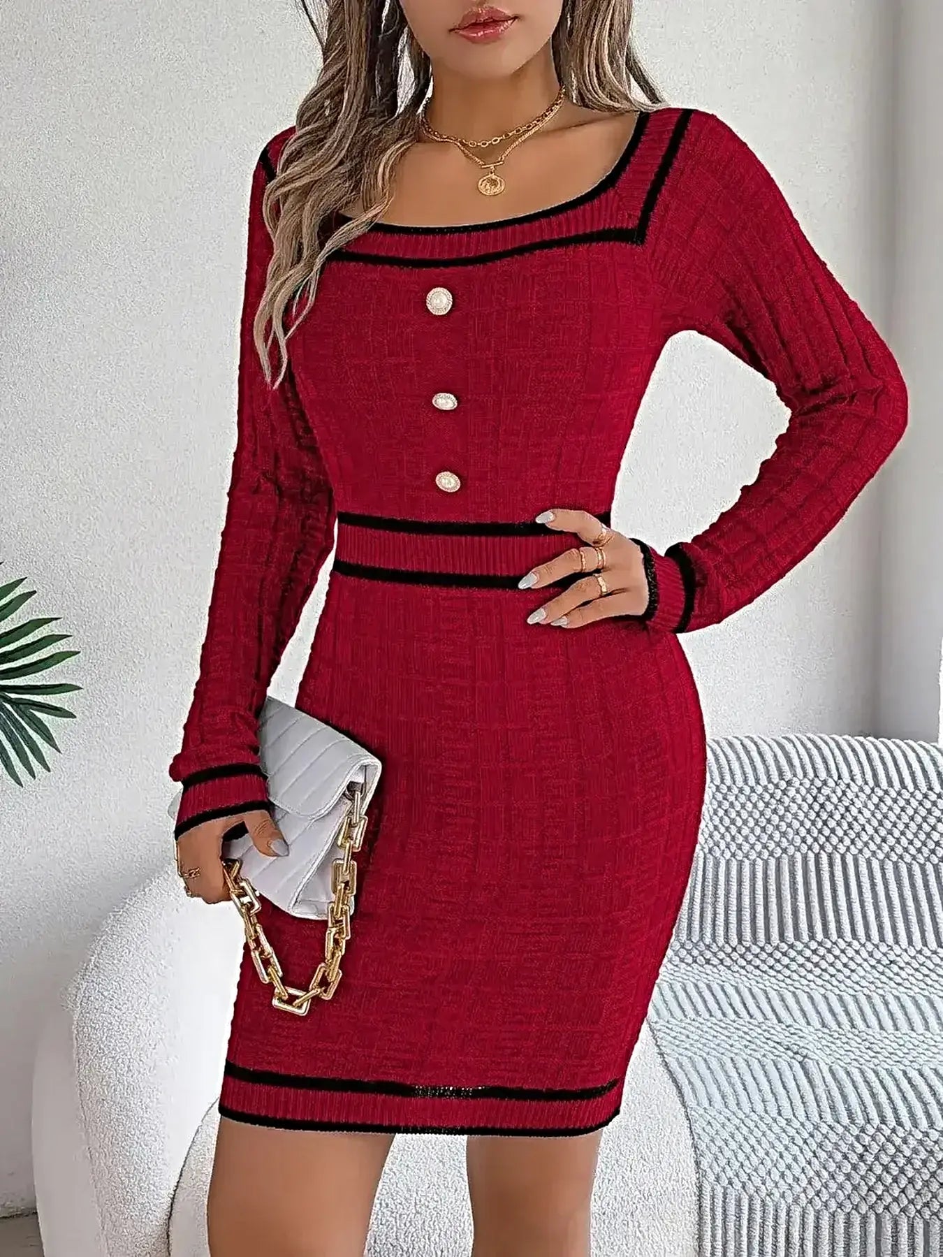 Contrast Trim Long Sleeve Sweater Dress -
