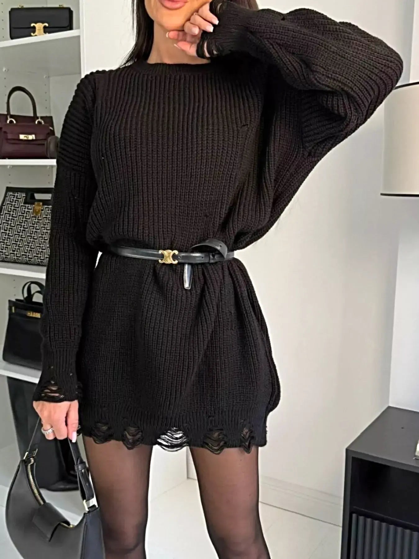 Distressed Round Neck Drop Shoulder Sweater Dress -