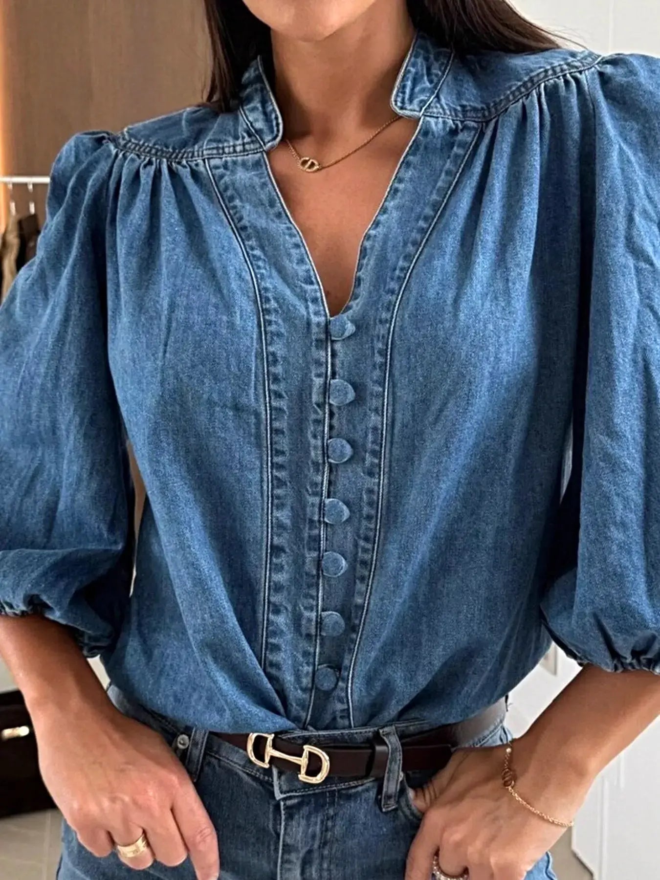 Button-Down Puff Sleeve Denim Top -