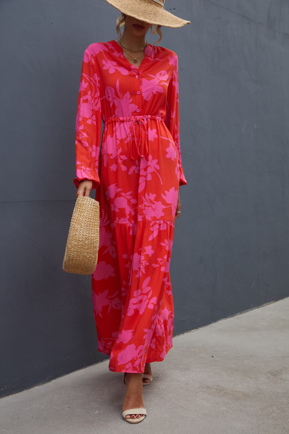Floral Drawstring Waist Long Sleeve Dress -