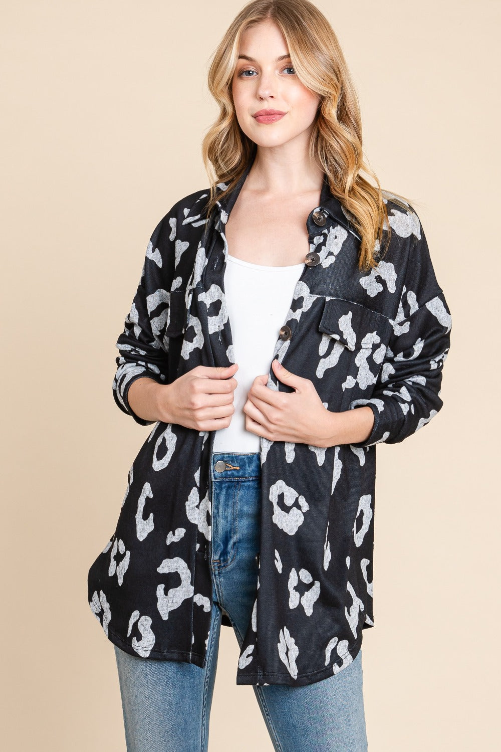 Stylish Animal Print Shacket with Button-Down Front and Pockets | Cozy Knit Layering Piece Trendsi