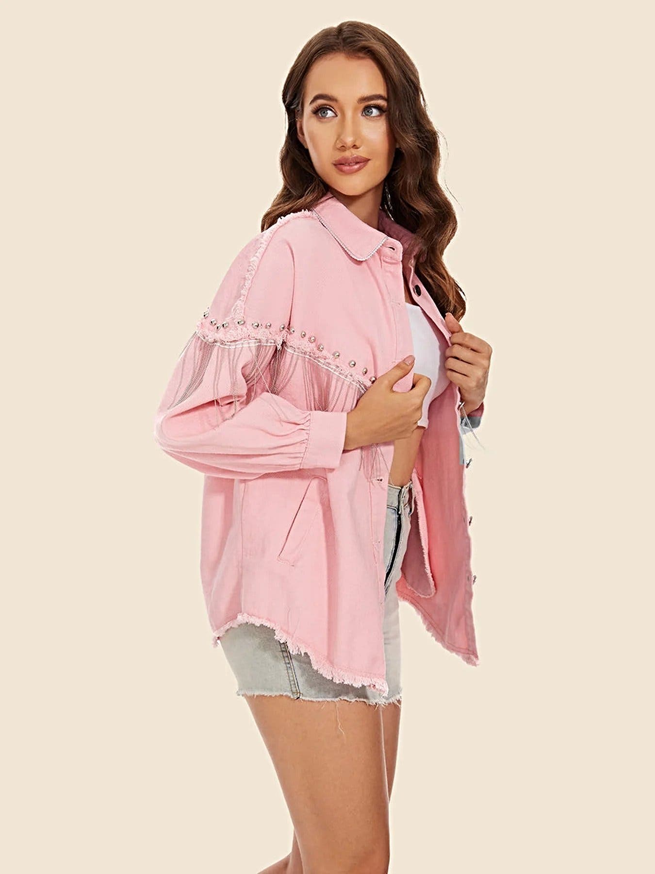 Raw Hem Fringe Detail Denim Jacket -