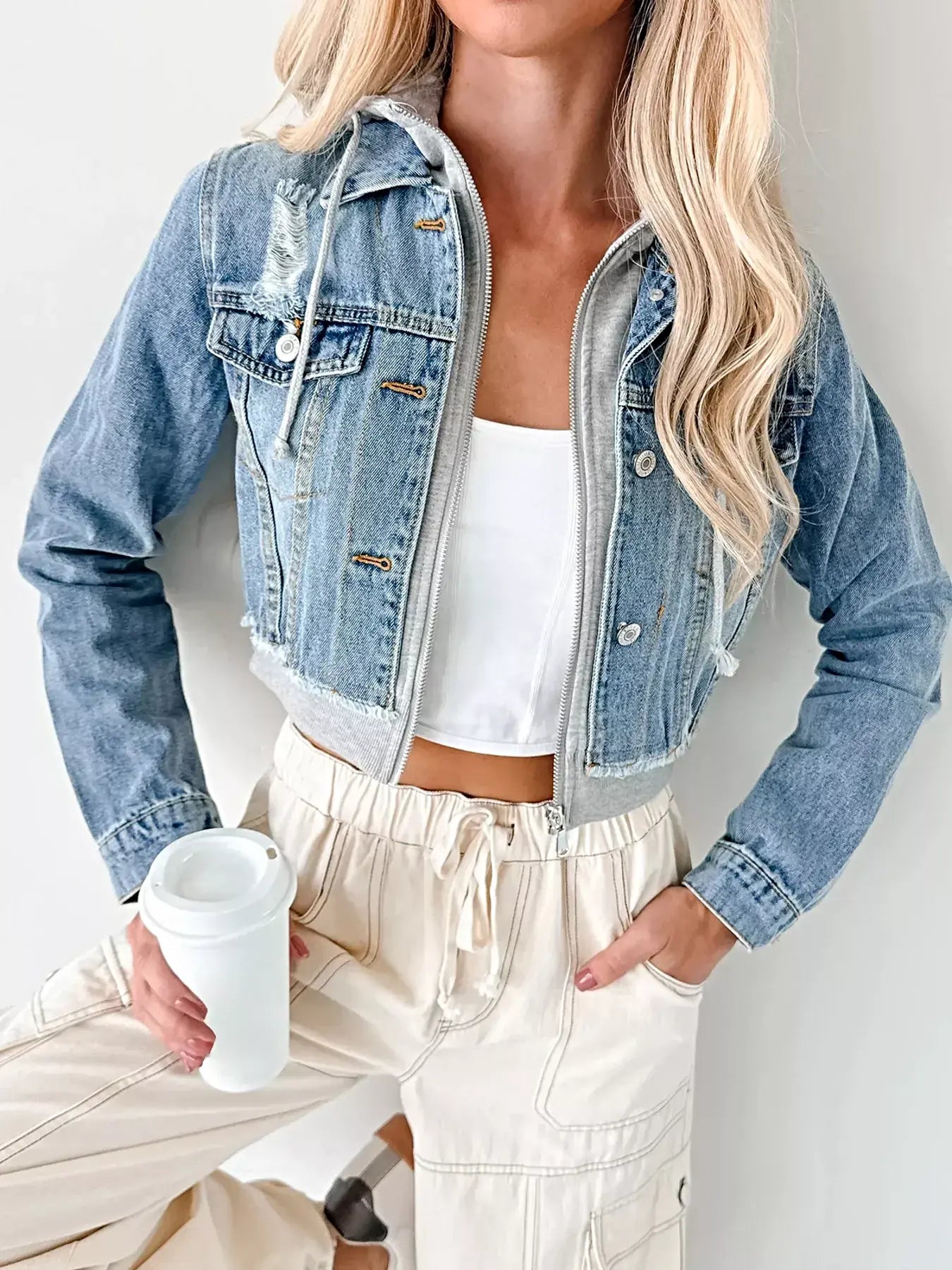 Distressed Zip Up Cropped Hooded Denim Jacket -