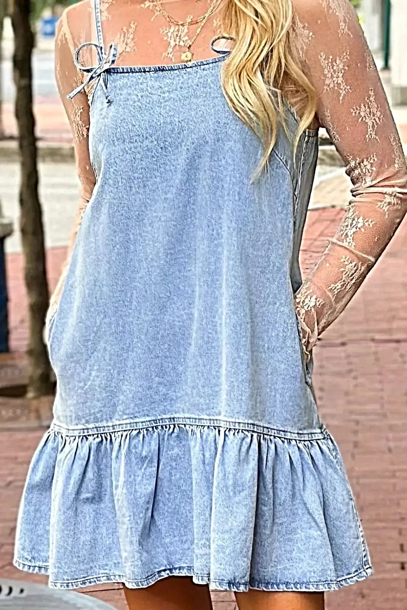 Bow Detail Spaghetti Straps Ruffle Hem Denim Dress -