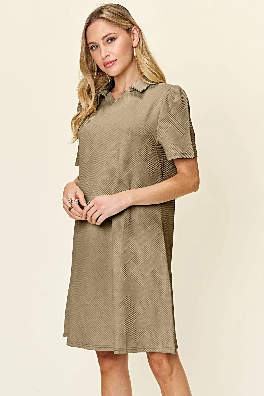 Elegant Double Take Short Sleeve Collar Dress - Textured Opaque Design, Slightly Stretchy, Machine Washable Trendsi