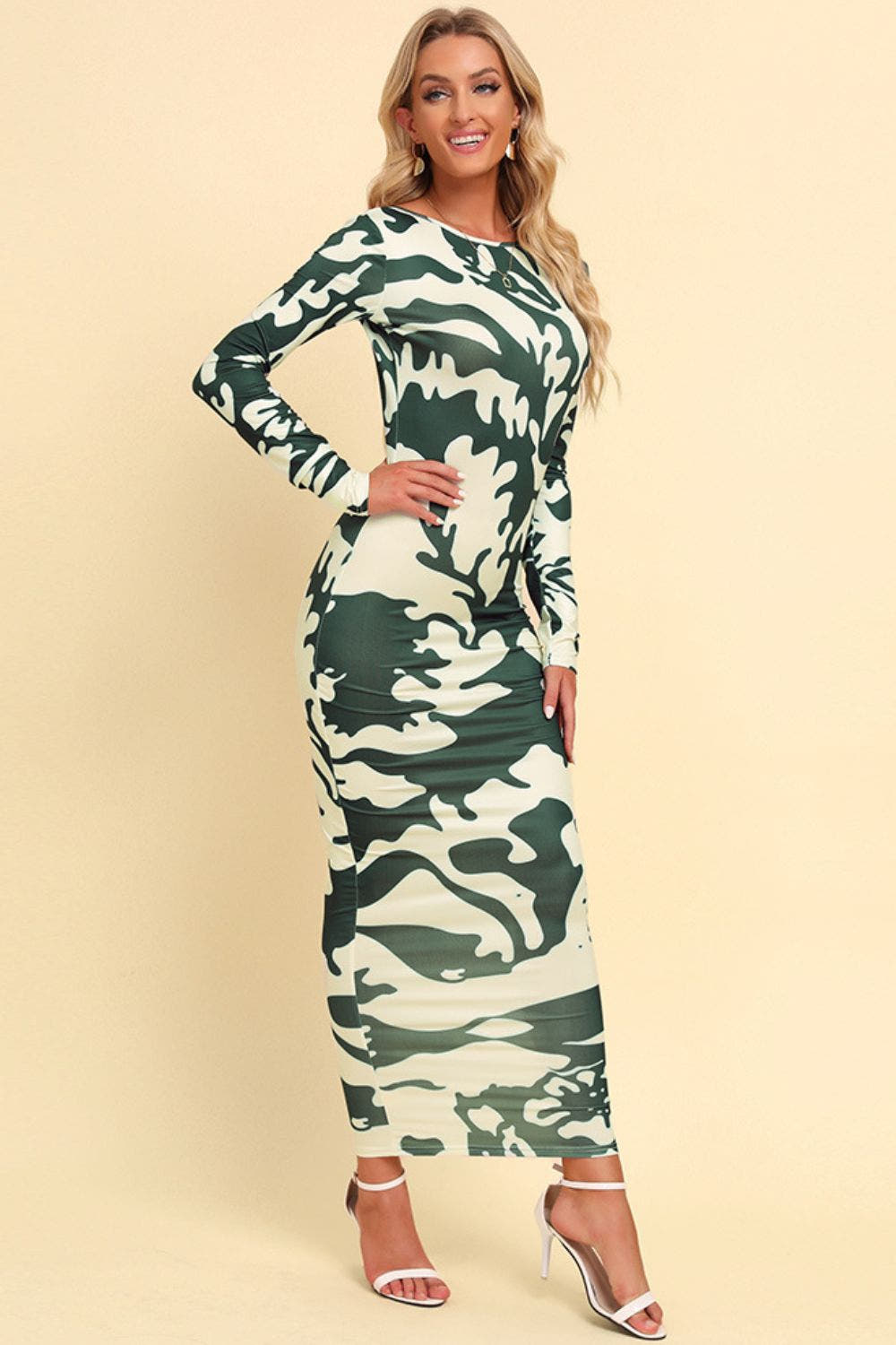 Printed Backless Long Sleeve Maxi Dress -