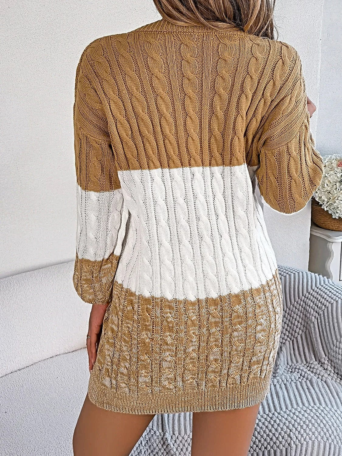 Cable-Knit Round Neck Color Block Sweater Dress -