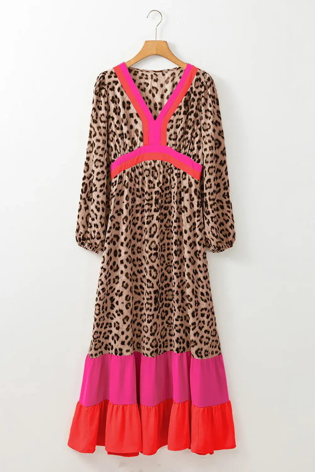 Leopard V-Neck Long Sleeve Maxi Dress Trendsi