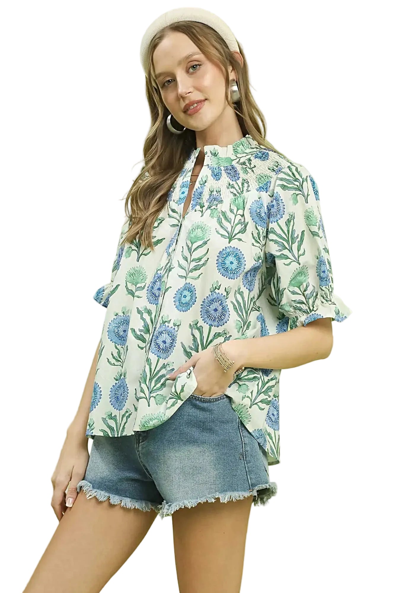 Umgee Floral Button-Front Short Sleeve Top -