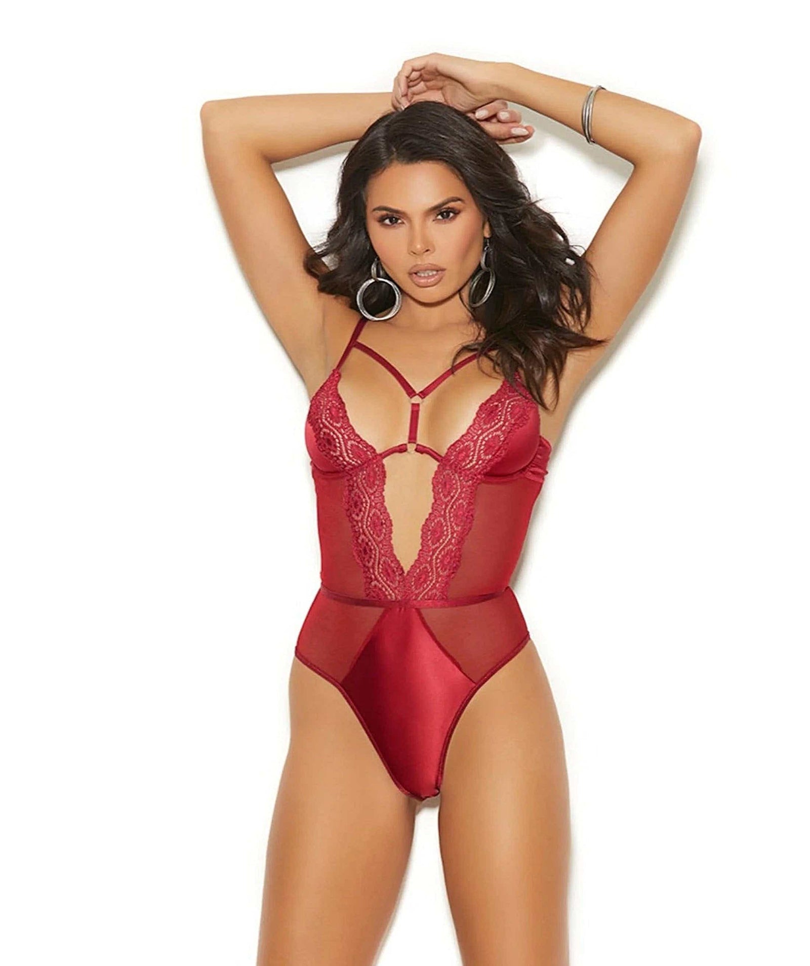 Elegant Moments 7093 Burgundy Mesh Lace Teddy with Underwire Cups and Adjustable Straps Elegant Moments