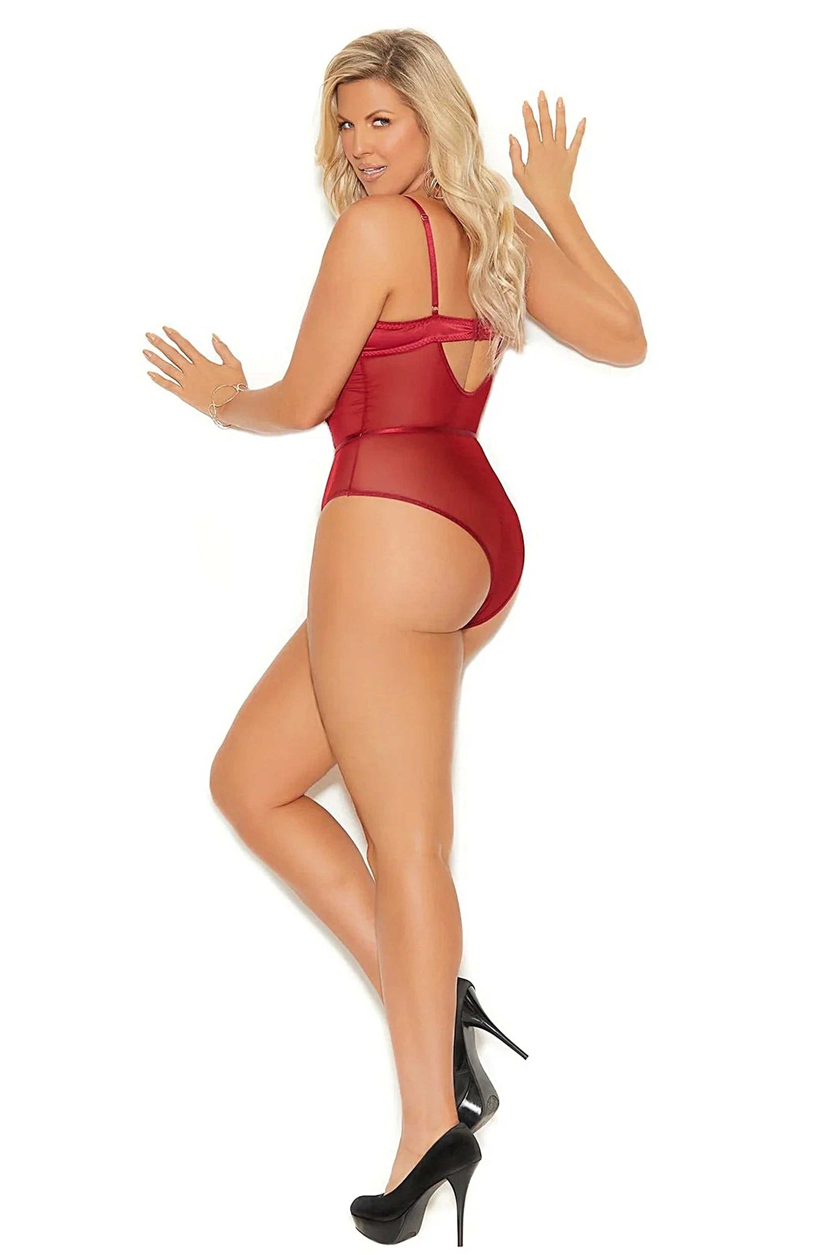 Elegant Moments 7093 Burgundy Mesh Lace Teddy with Underwire Cups and Adjustable Straps Elegant Moments