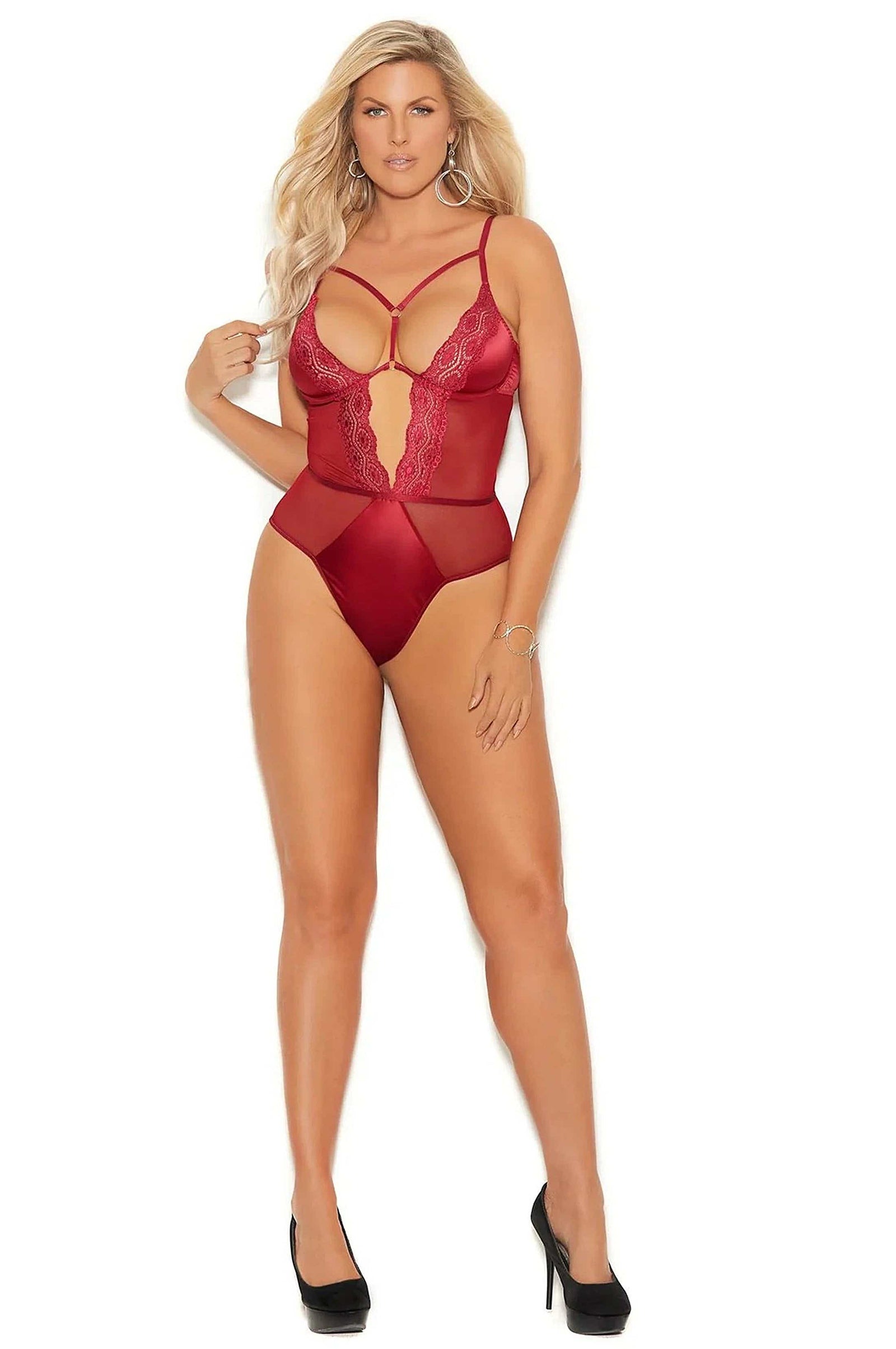 Elegant Moments 7093 Burgundy Mesh Lace Teddy with Underwire Cups and Adjustable Straps Elegant Moments