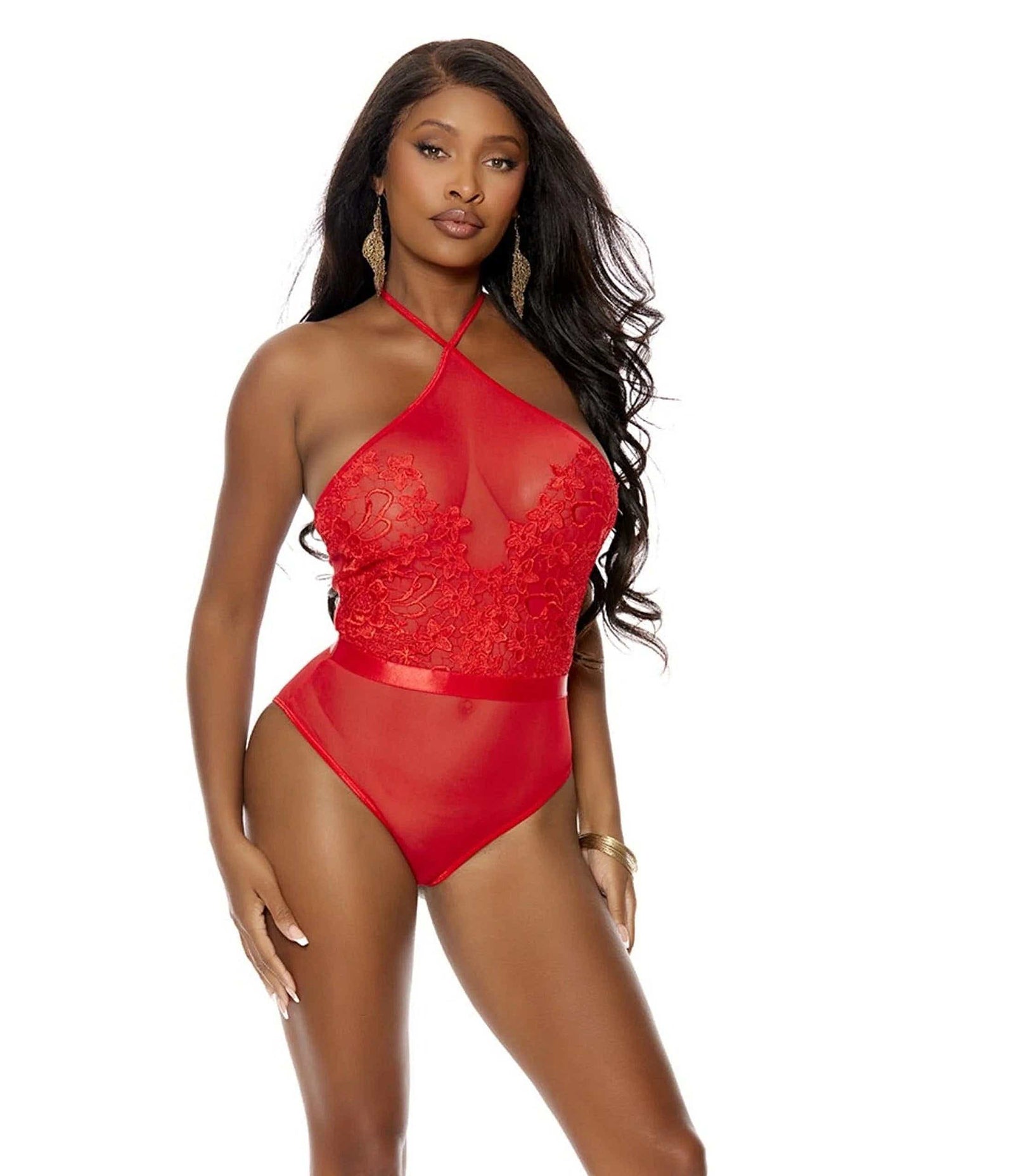 Elegant Moments 77154 Red Embroidered Teddy with Halter Neck and Lace-Up Back Design Elegant Moments