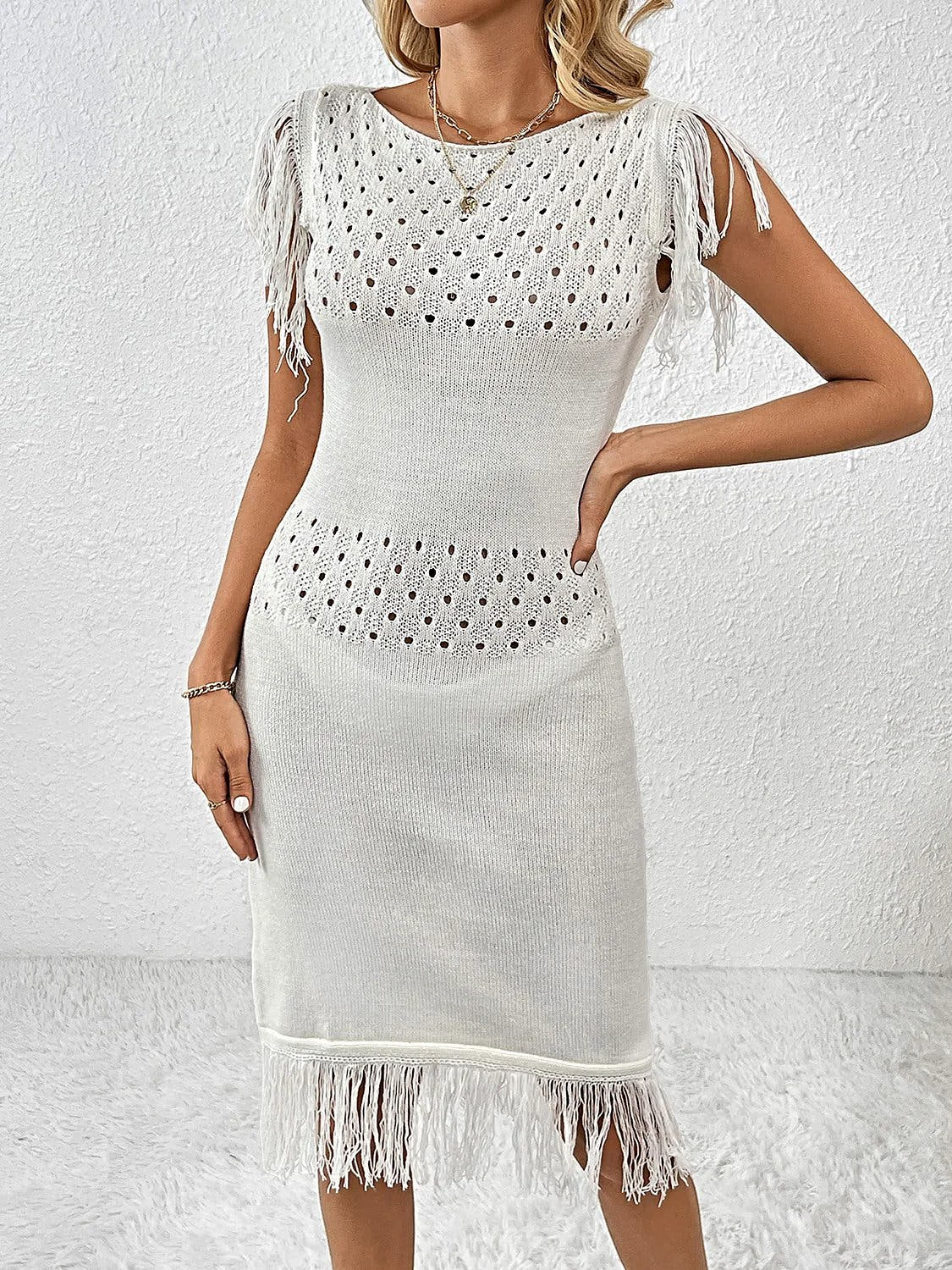 Fringe Openwork Boat Neck Knit Dress -