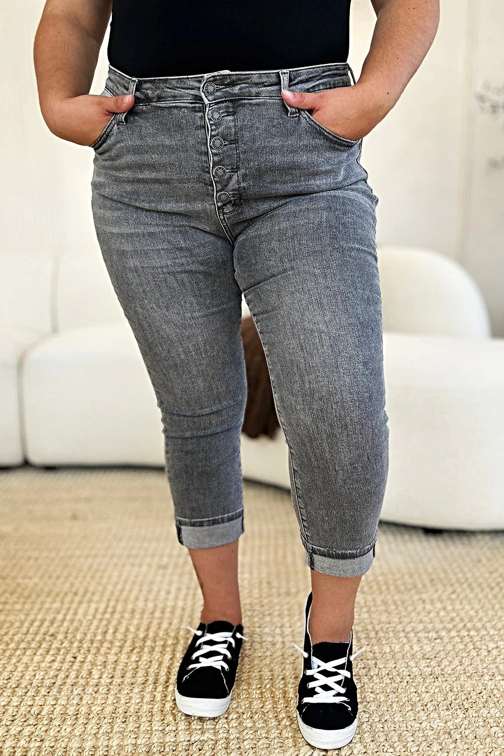 Judy Blue Full Size Button Fly High Waist Cuffed Capris -