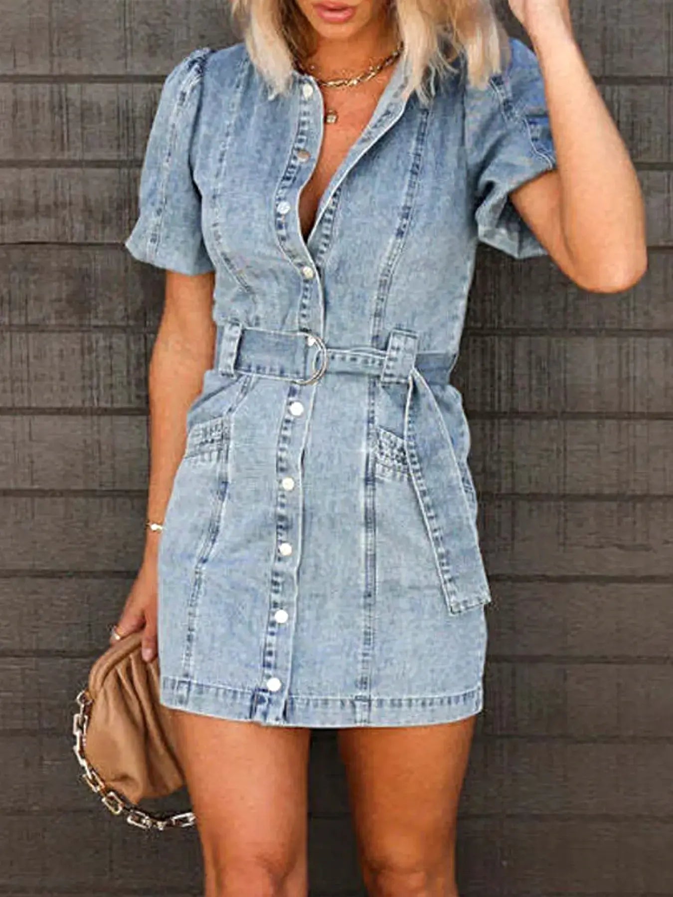 Button-Up Puff Sleeve Denim Shirt Dress -