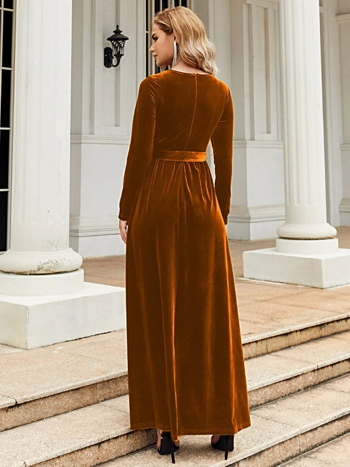 Elegant Tie Front Long Sleeve Maxi Dress in Opaque Polyester – Comfortable and Stylish Trendsi