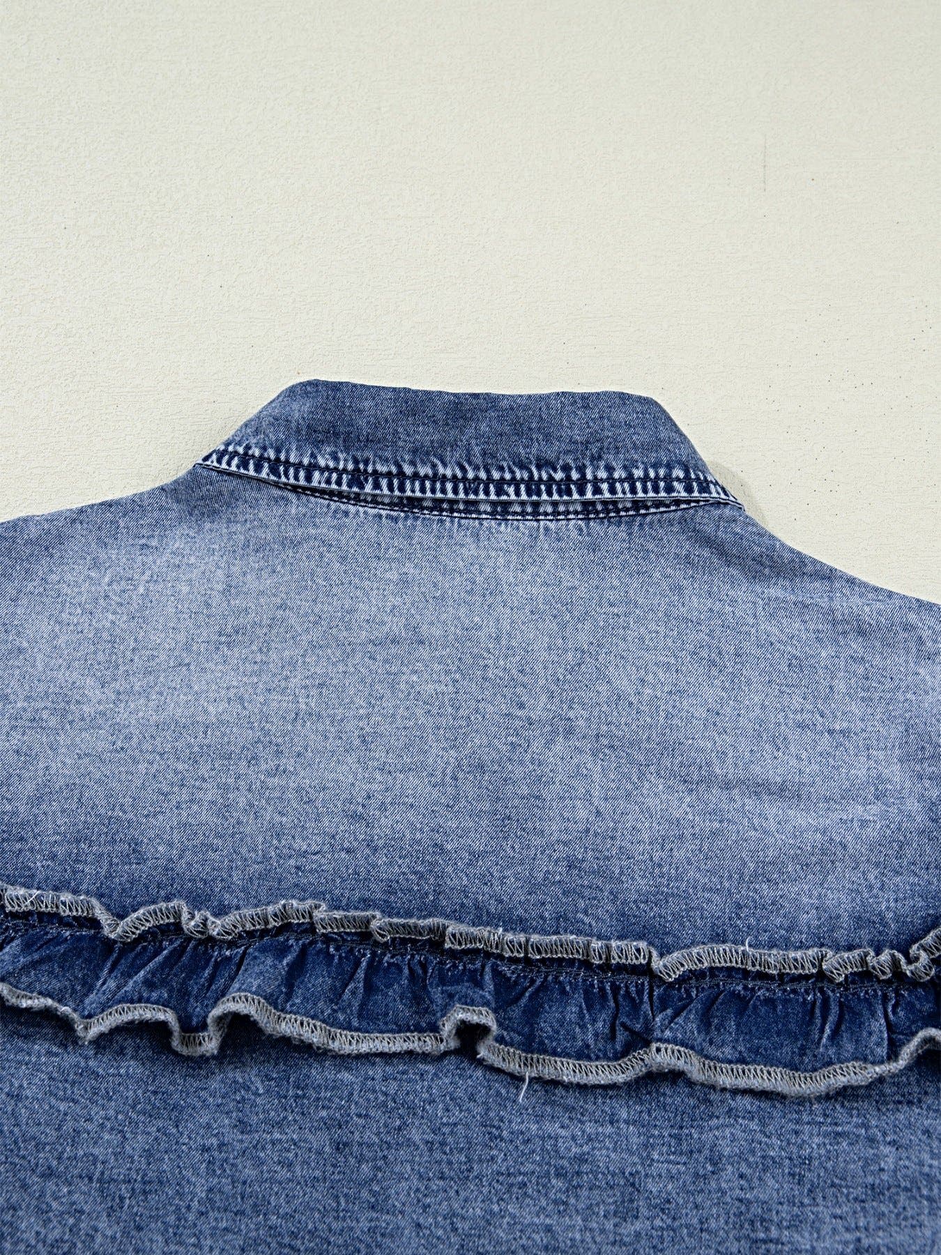 intage Wash Denim Ruffle Detail Button Down Shirt -