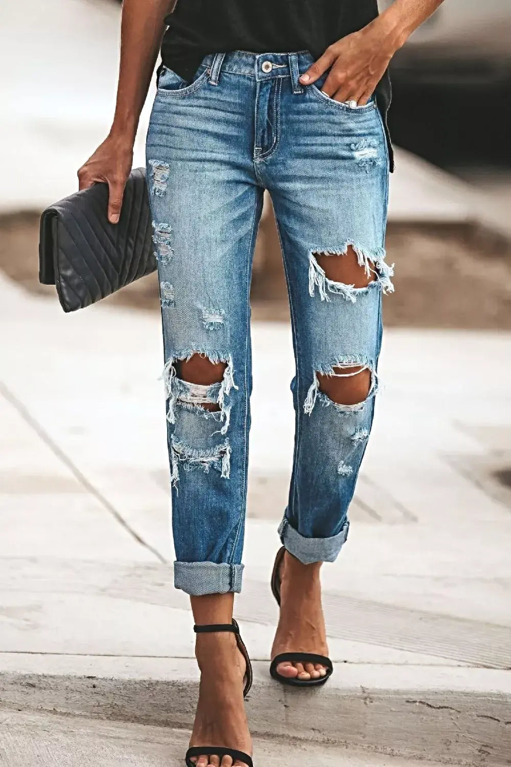 Distressed Straight Leg Jeans -