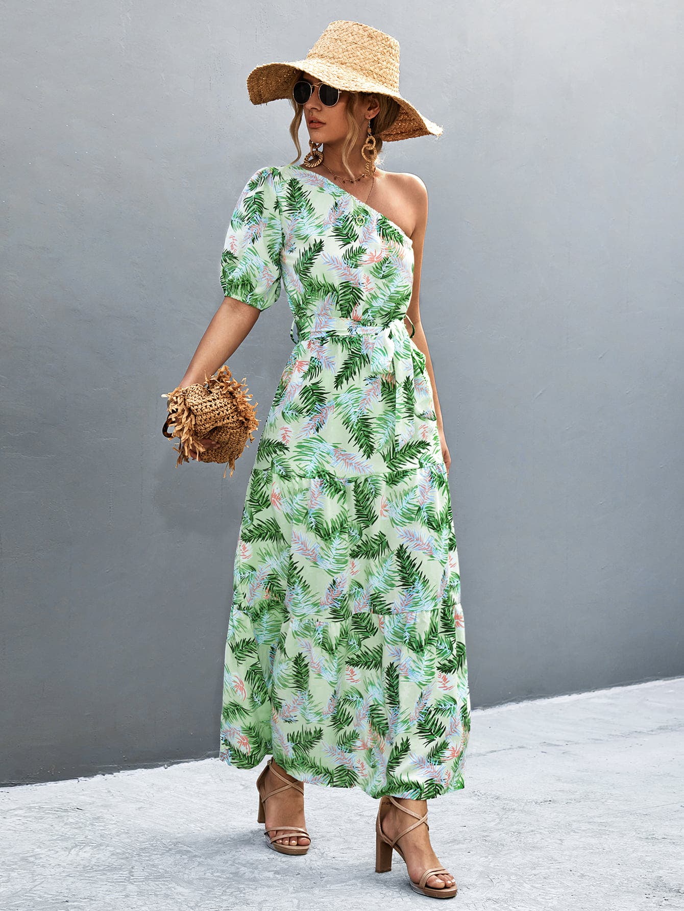 Printed Tie Waist One Shoulder Maxi Dress -